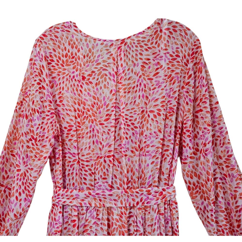 ALEXA B Women's 14 Maxi Dress Chiffon Orange Pink Leaves Tie Belt Long Sleeve 40 - Picture 8 of 11